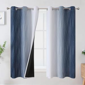 Estelar Textiler Grayish White and Navy Blue Blackout Curtains for Living Room, Ombre Thermal Insulated Noise Reducing Blackout Drapes for Bedroom, Room Darkening Grommet Curtains, 42Wx63L, 2 Panels