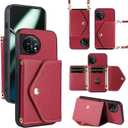 Minimalist Wallet Case for OnePlus 11 5G with Shoulder Strap,Thin Slim Flip Purse,PU Leather Credit Card Holder Stand Accessories Cell Phone Cover for One Plus11 1 Plus 1plus11 One+ 1+ Red