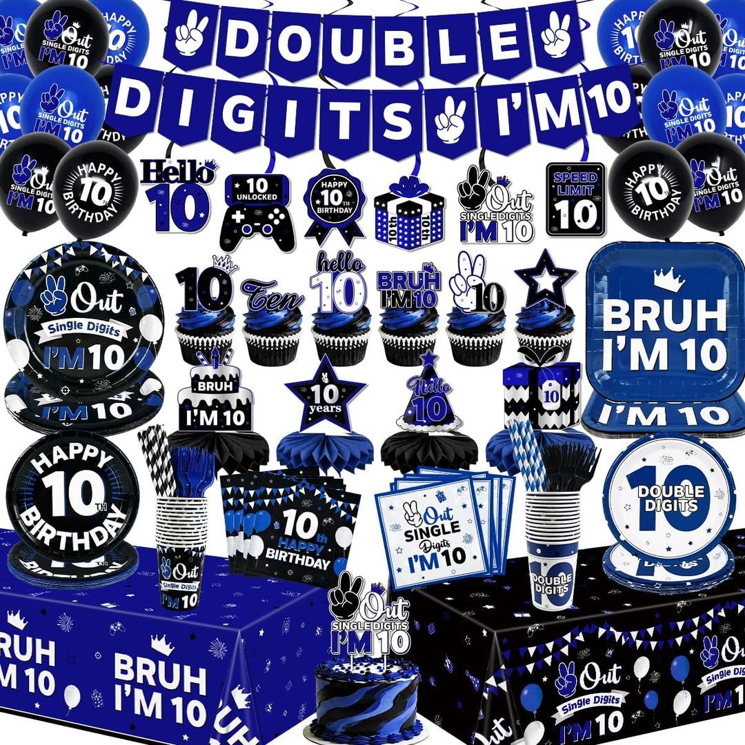 10th Birthday Decorations for Boys, 10 Year Old Birthday Decorations Blue Black Tableware Set include Double Digits Birthday Plates and Napkins Tablecloths Banner Cake Toppers for Party Decor Serve 26
