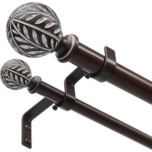 Walnut Wood Double Curtain Rods 36-122 Inch, Decorative Boho Long Dual Curtain Rods for Windows with Handmade Faux Wood Leaf Finials, 1 Inch Adjustable Heavy Duty Spliced Double Rod
