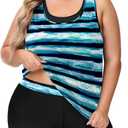 NIeyook Women Plus Size 3 Piece Tankini Swimsuits Athletic Bathing Suits with Boy Shorts Tank Top with Sports Bra (Gradient Blue & Black Stripes)