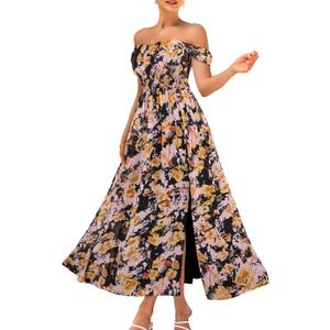 GRACE KARIN 2025 Women's Summer Floral Print Flowy A Line Maxi Dresses Sleeveless Smocked Off Shoulder Dress L