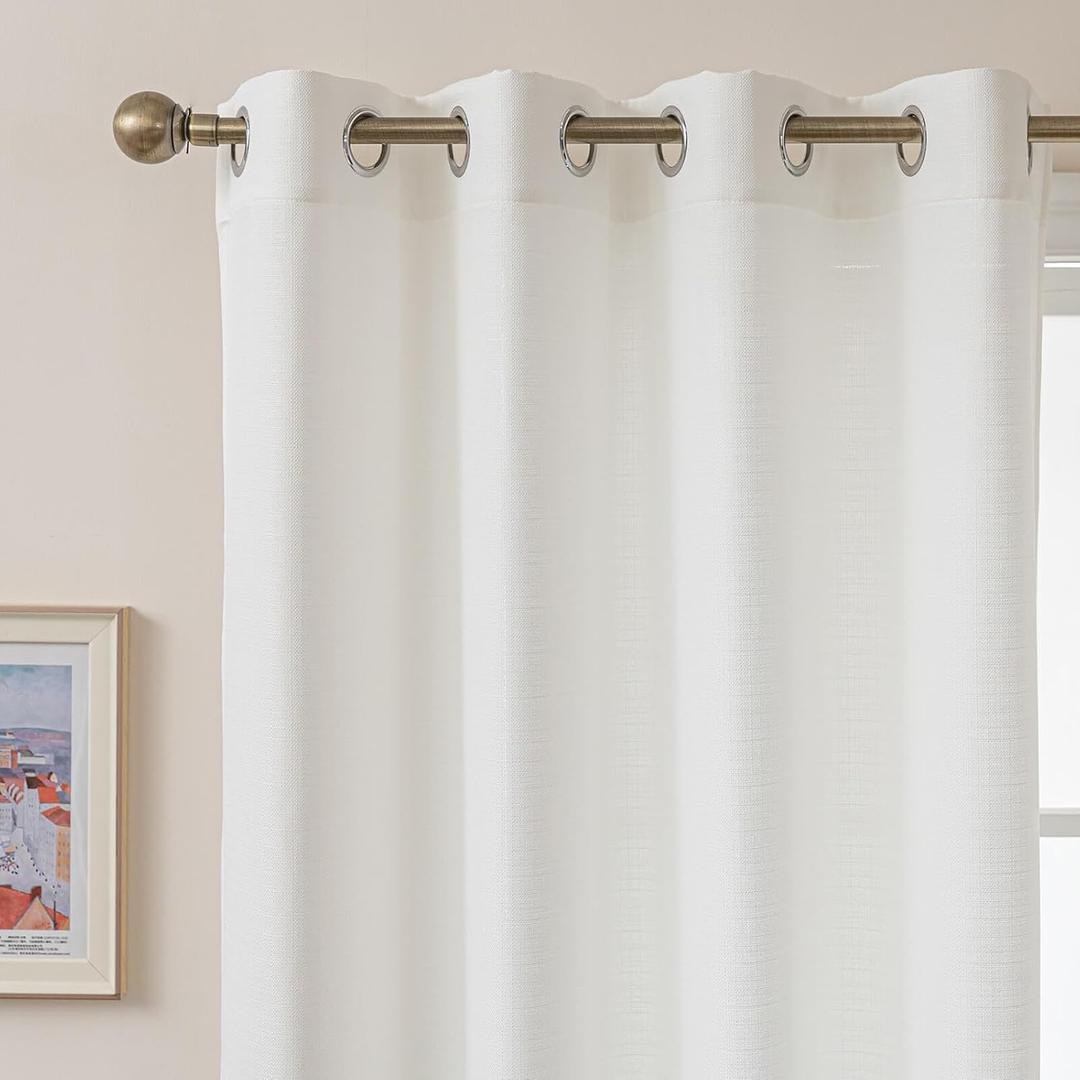 White Linen Textured Curtains, 96 Inch Curtains 2 Panel Set, Light Filtering Semi Sheer Drapes, Elegant Grommet Top Window Treatments for Living Room/Bedroom/Dining Room