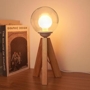 Wood Tripod Table Lamp Dimmable with Globe Glass Lampshade, Nightstand Lamp with G9 LED Bulb Warm White 2200K, Desk Lamps Cute for Bedroom Living Room