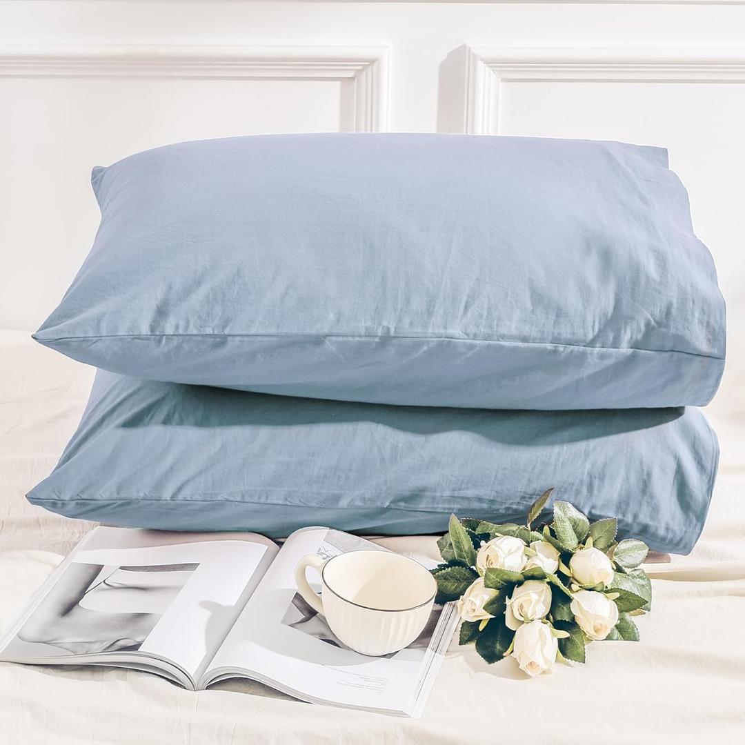 NEXHOME PRO 100% Organic Cotton Standard Pillowcase Set of 2, Envelope Closure Linen Feel Textured Natural, Soft and Durable, Premium Cooling Pillow Cases for Bed (20x26 inch, Blue)