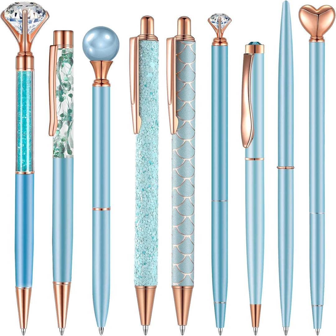 Janmini 9 Pcs Ballpoint Pens Set Metal Crystal Diamond Glitter Pens for Journaling Black Ink Pretty Cute Things Fancy Stationery Gifts for Women Girls Birthday Home Office Desk(Blue)