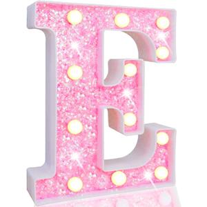 Pooqla LED Marquee Letter Lights, Light Up Pink Letters Glitter Alphabet Letter Sign Battery Powered for Night Light Birthday Party Wedding Girls Gifts Home Bar Christmas Decoration, Pink E