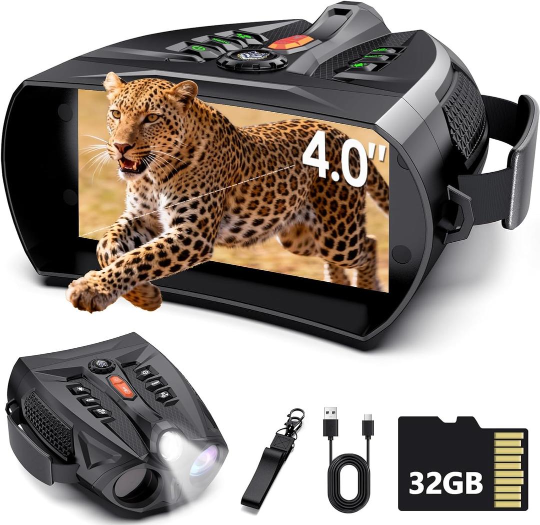 Night Vision Goggles for Adults, 4K Infrared Night Vision Binoculars with 7-Level IR, 5000mAh Battery, 32GB TF Card, 4'' HD Screen, Flashlight, Long Range for Hunting, Camping, Security