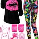 Blulu 80s Women Costume Set, Lips Print off Shoulder T-shirt, Geometric Legging Pants Earring Necklace Gloves Bracelet, L