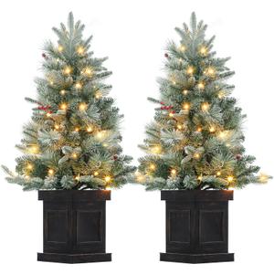 3ft Christmas Tree 2 Set, Pre-Lit Artificial Christmas Tree with Vintage Potted Base, Flocked Snow 70 Warm White LED Lights Red Berries, Festival Decoration Xmas Holiday Decor for Home, Entrances