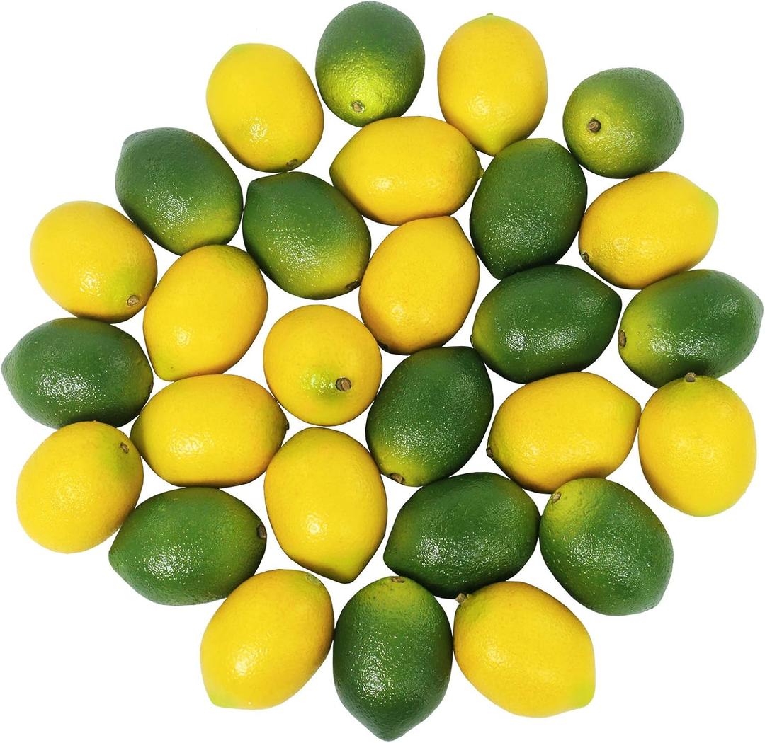 Winlyn 28 Pcs Fake Lemon Artificial Fruits Vivid Green and Yellow Lemon Mixed Set Lifelike Simulation Fruit for Home House Kitchen Party Decoration