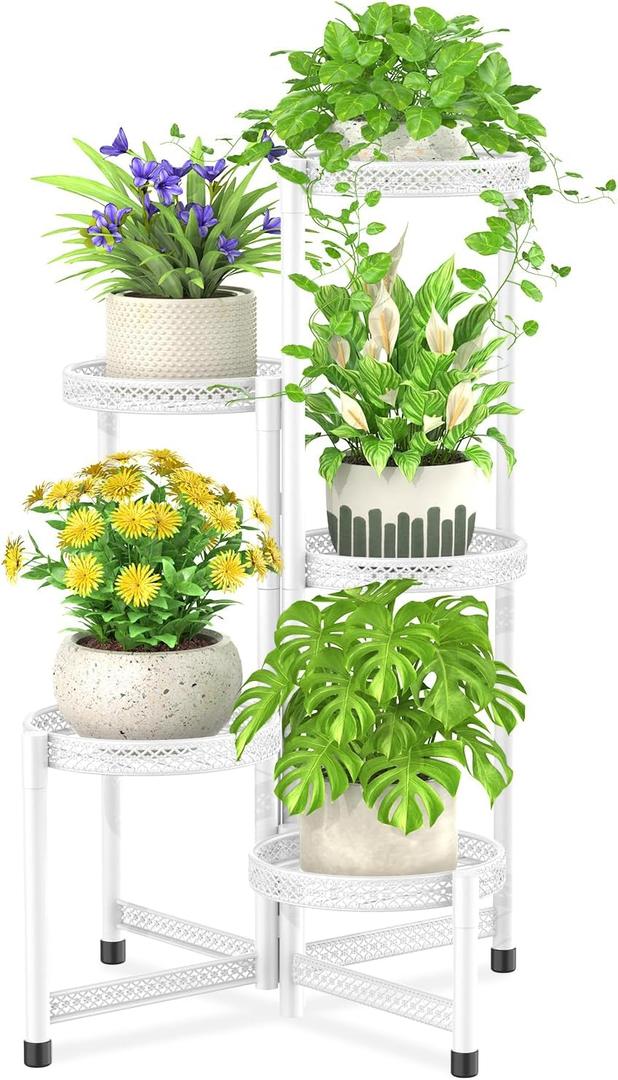 iDavosic.ly 5 Tier Plant Stand for Indoor Outdoor, Folding Tiered Corner Flower Display Holder Shelf, Metal Tall Rack for House Patio Balcony Garden Living Room, Wrought Iron - White