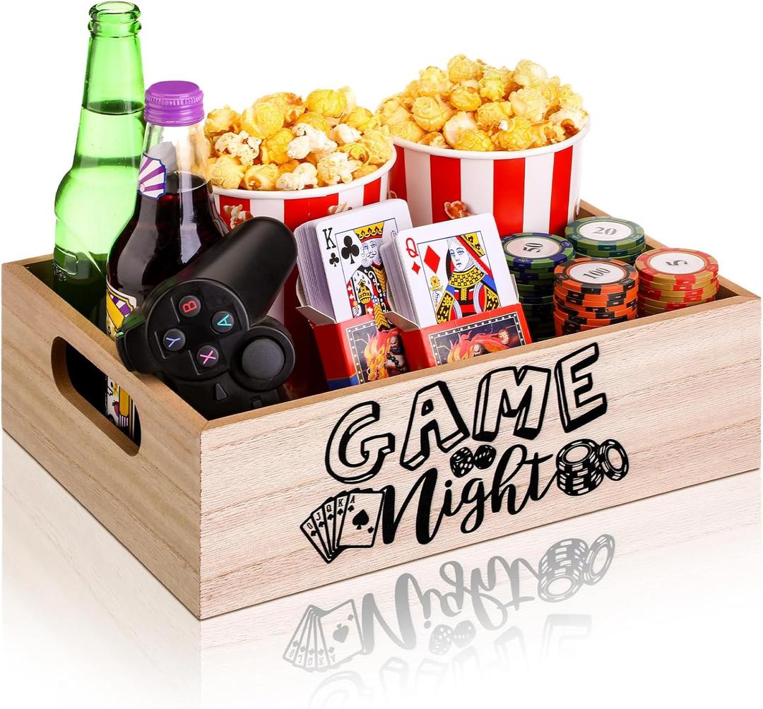 Movie Night Supplies Snack Trays with Handles Reusable Wooden Movie Gift Basket for Theater Popcorn Bucket Bowl Box Container Family Room Valentine's Day Decor(Game Night)