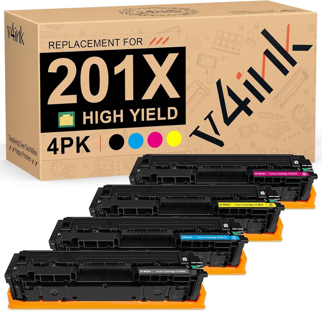 v4ink 201X Toner Cartridge Remanufactured Replacement for HP 201X CF400X CF401X CF402X CF403X 201A CF400AQ1 High Yield Toner for use in Color Pro M252dw M252n MFP M277dw M277n M274N Printer, 4-Pack
