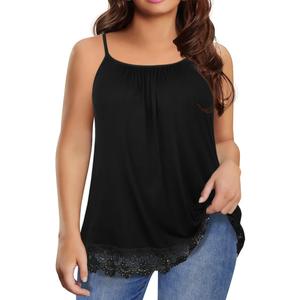 Women's Cami with Built in Bra Cup Casual Flowy Swing Pleated Tank Top with Adjustable Strap, XL, Black