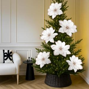 8 Pcs Large Christmas Flower Magnolia Flowers Christmas Tree Decoration Artificial Poinsettia Stems Velvet Xmas Ornaments for Xmas Tree Table Decor(White,16 Inch)