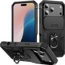 For iPhone 17 Pro Case with All-Angle Rotating Kickstand & Sliding Camera Cover - Heavy Duty Shockproof Protective Cover, Black