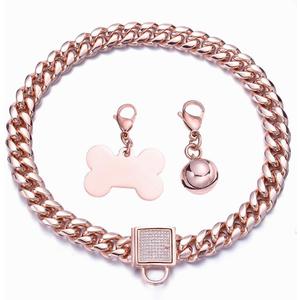 Rose Gold Chain Dog Collar 10MM/14MM Cuban Link Dog Collar Chew Proof Stainless Steel Chain Collar for Small Medium Large Dogs 10-26Inch(14mm,22inch)