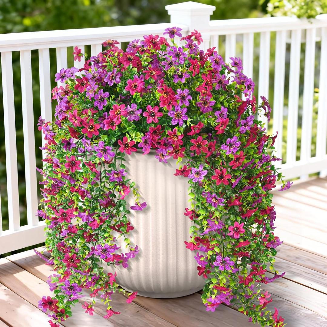 Artificial Hanging Flowers for Outdoors, 2 Pcs Fake Hanging Plant Spring Summer Decor, UV Resistant No Fade Realistic Faux Flower for Front Door Porch Planter Patio Garden Yard(Light Purple Red)