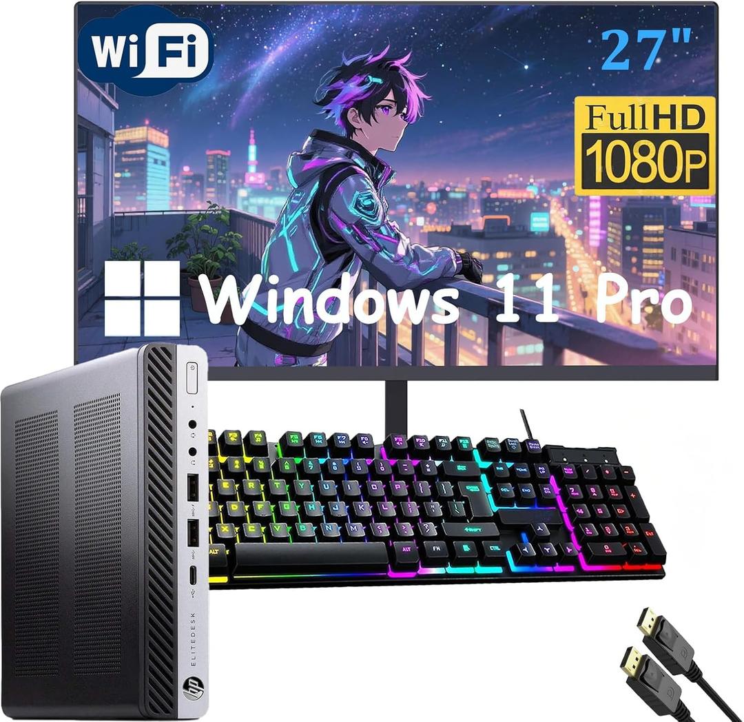 HP Elitedesk 800 G3 Mini PC Desktop with 27" FHD Computer Monitor, Windows 11 Pro, Core i7-7700T 2.9GHz, Up to 3.8GHz, 8GB RAM, 256GB SSD, Keyboard, Mouse, USB WiFi