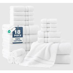 LANE LINEN Towel Set of 18 Premium 100% Cotton, Zero Twist, 6 Large Bath Towel, 6 Hand Towels & 6 Wash Cloths, Quick Dry & Long-Lasting, Perfect for Family Bathrooms, Easy Care White Towels