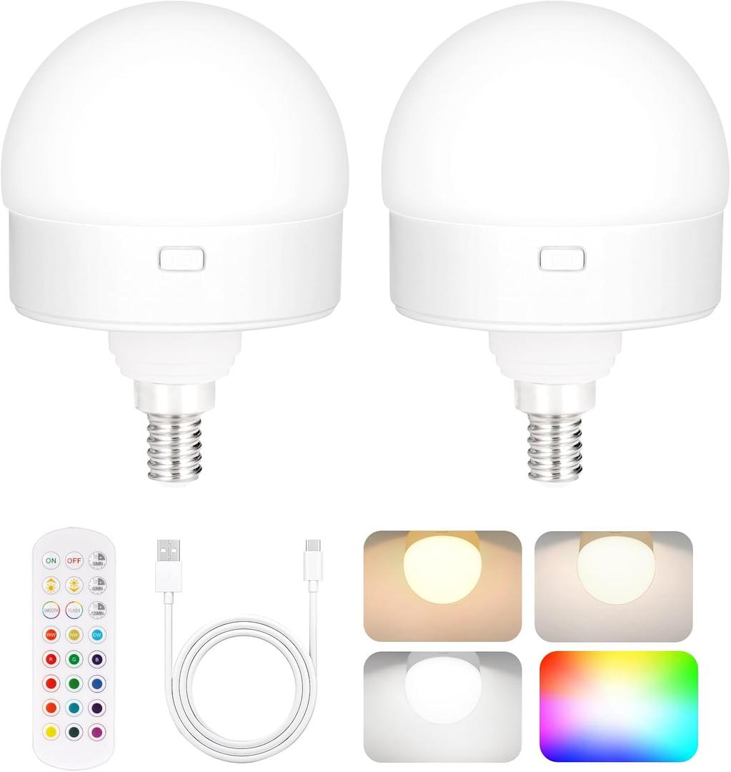 Yochoice 2-Pack E12 Rechargeable Battery Operated Light Bulb with Remote, Dimmable LED Bulb with 15 Colors Selectable & 3 Timer, Wireless Detachable Puck Light Bulb for Wall Sconce, Non-Hardwired