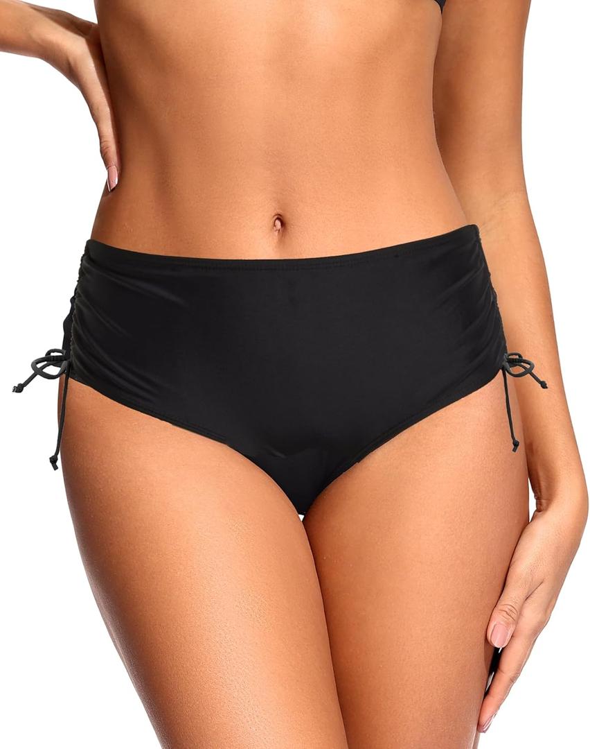Zmart Women Full Coverage Bikini Bottom Adjustable Side Tie Swim Bottom with Side Ruched Mid Rise Bathing Swimsuit (Large, Black)