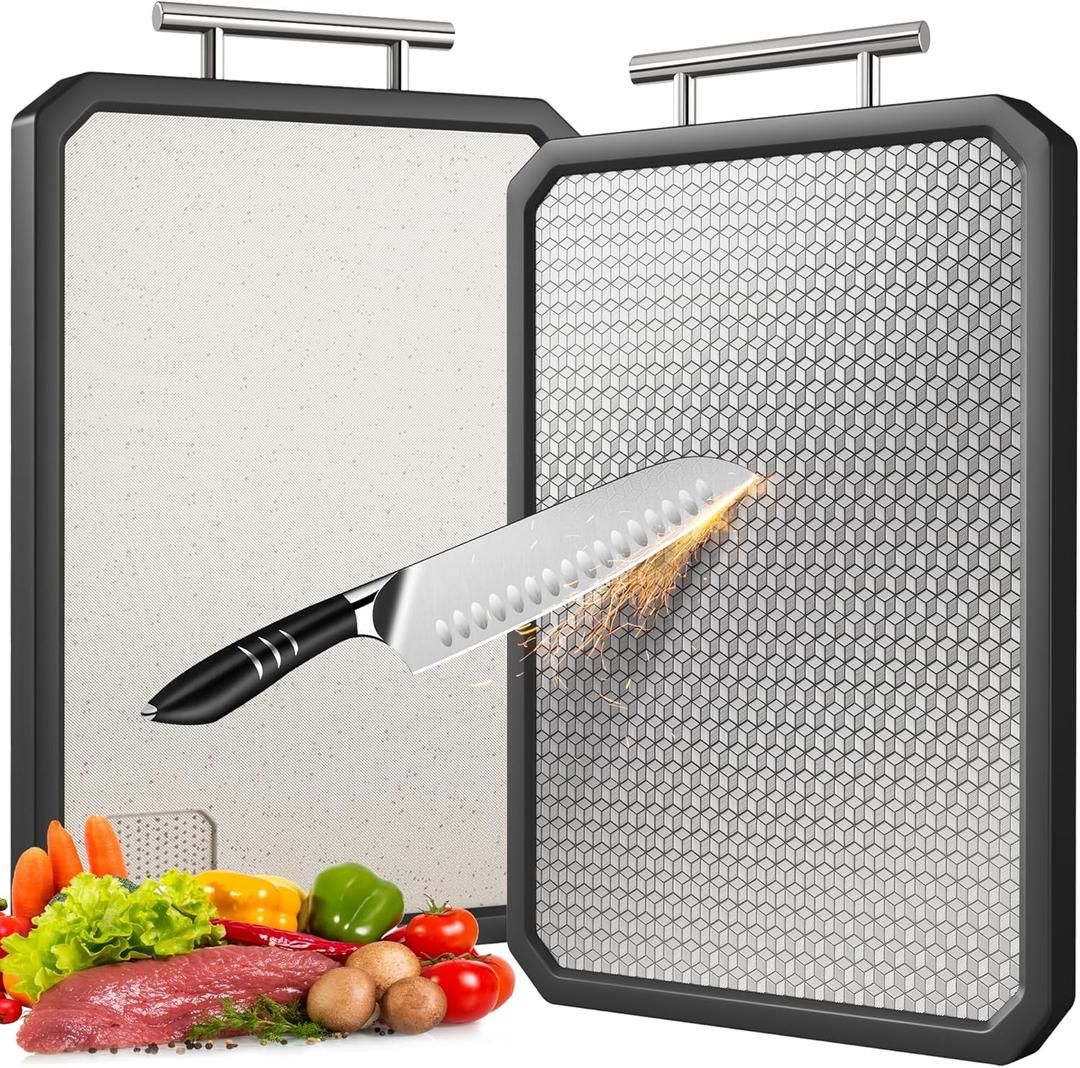 Stainless Steel Cutting Board with Durable Anti-scratch Grid Design, Large 1612 Double Sided Non Toxic Chopping Board for Kitchen, Dishwasher Safe, Non-slip Edge, Garlic Grinding Area (16"L x 12"W, Black)