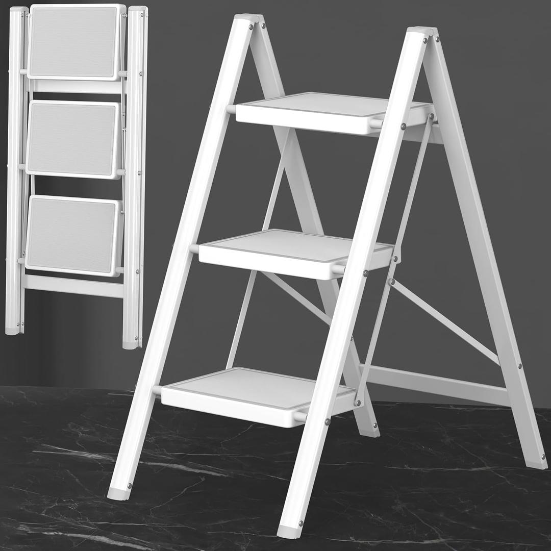 DIAMONDFORGE 3 Step Ladder, Folding Step Stool with Anti-Slip Wide Pedal, Anti-Slip Feet, Sturdiest Steel Construction, 330lbs Capacity Steel Ladder for Home and Office, White