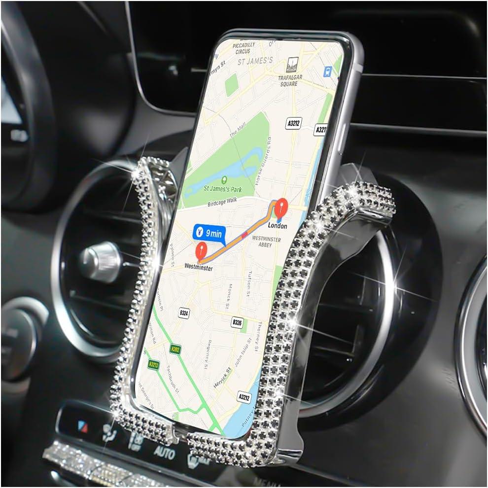 Bling Car Phone Holder, Rhinestone Mini Vehicle Air Vent Dashboard Windshield Cellphone Mount, 360 Adjustable Diamond Auto Smartphone Stand for Women Girls, Universal Fit (Black)
