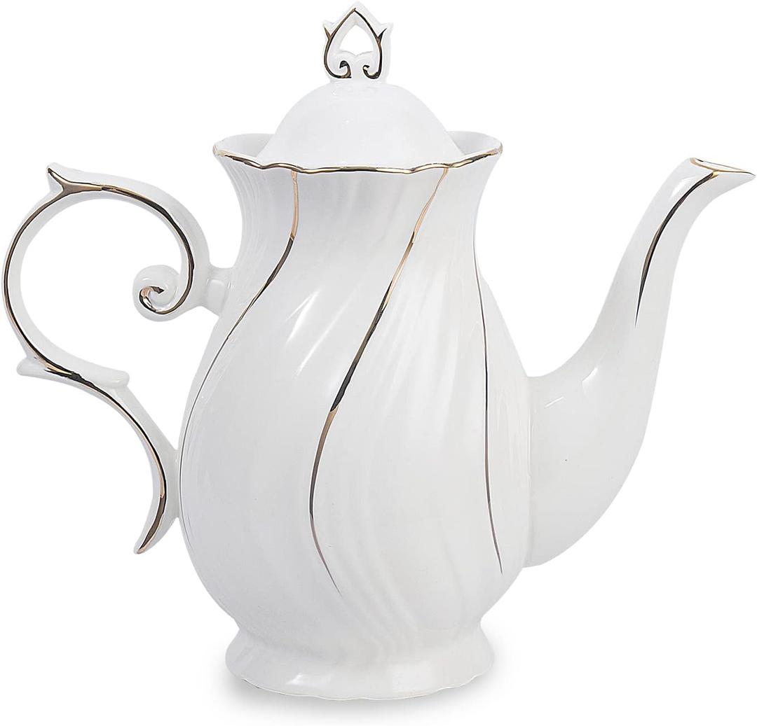 Agyiuns tea pot ceramic with lid, 38.8 Oz for Tea, Milk, Coffee, Flower tea(White with gold thread)