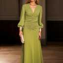 Womens V-Neck Long Sleeve Ruched Bodycon Dress Elegant Formal Cocktail Party Evening Maxi Dresses (Green, S)