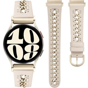 Minyee Leather Band Compatible with Samsung Galaxy Watch 7/6/5/4/FE/Active 2 40mm 44mm/Watch 6 Classic 43/47mm/Watch 5 Pro 45mm Bands, 20mm Dressy Leather Strap with Stainless Steel Metal Chain Women