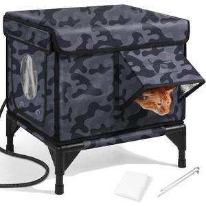Heated Cat House for Outside,Dual Camera Mounts,100% Weatherproof & Extremely Insulated,Elevated Feral Cat Shelter with Escape Door,Waterproof Eaves for Outdoor Stray Barn Cat(Dark Grey,S)