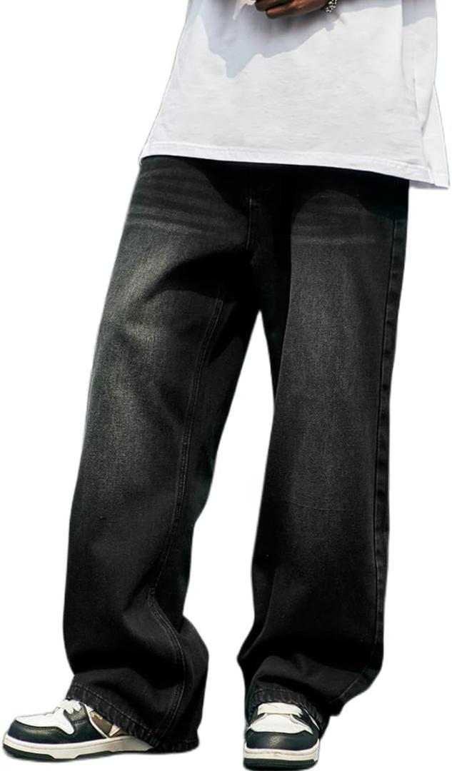 Mens Baggy Jeans Y2k Skater Vintage Plain Pants Casual Wide Leg Loose Fit Denim Hip Hop Jean (Medium)