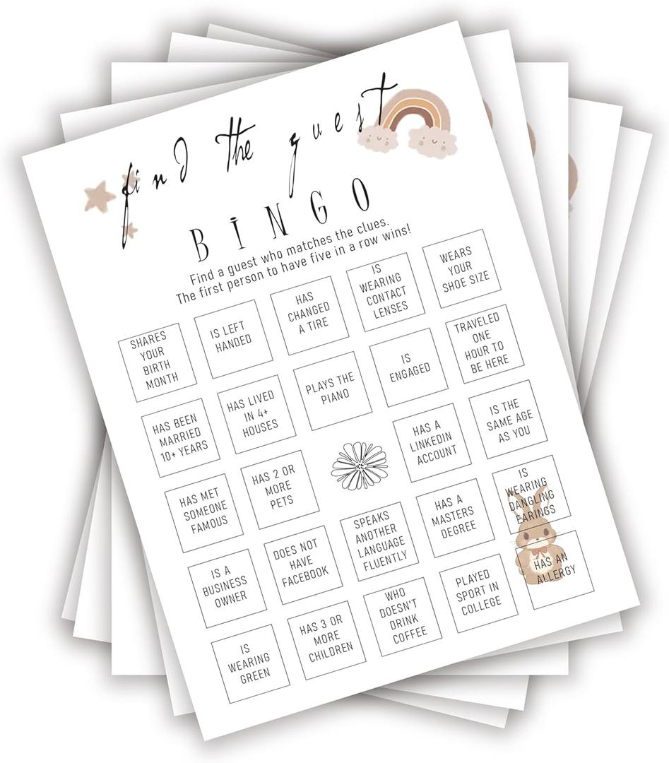 30PCS Boho Rainbow Baby Shower Games, Boho Find The Guest Bingo Game, Gender Reveal Game, Rainbow Baby Shower Decorations