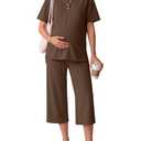 JoyMotion 2 Piece Maternity Outfit for Women, Coffee, Large