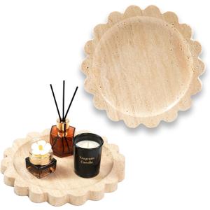 Travertine Scalloped Marble Tray - 9.9 Inch Round Stone Decorative Perfume Trinket Jewelry Dish, Catchall Organizer for Bathroom Vanity Dresser Kitchen Countertop Home Decor