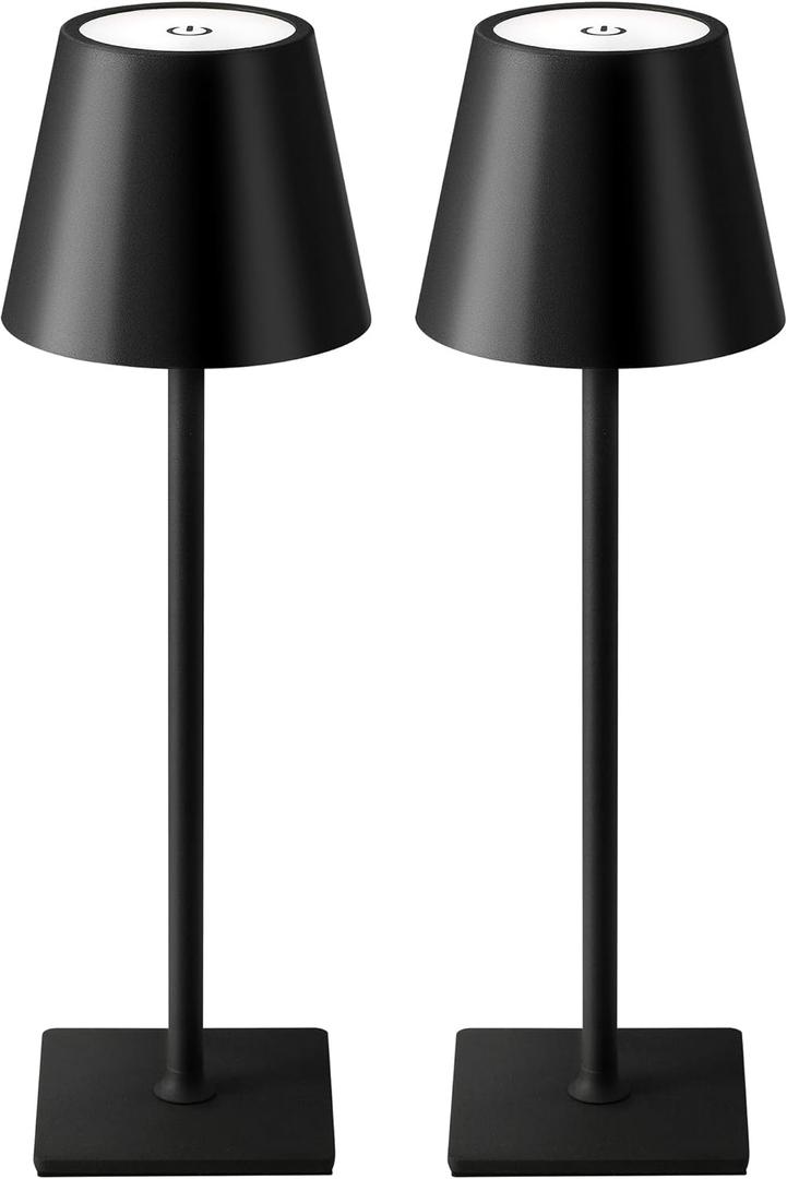 2 Pack Cordless Table Lamp, Portable LED Desk Lamps, 5000mAh Battery Operated, 3 Color Stepless Dimming Up, for Restaurant, Bedroom, Outdoor Camping, Coffee Shop, Night Light, Rechargeable (Black)
