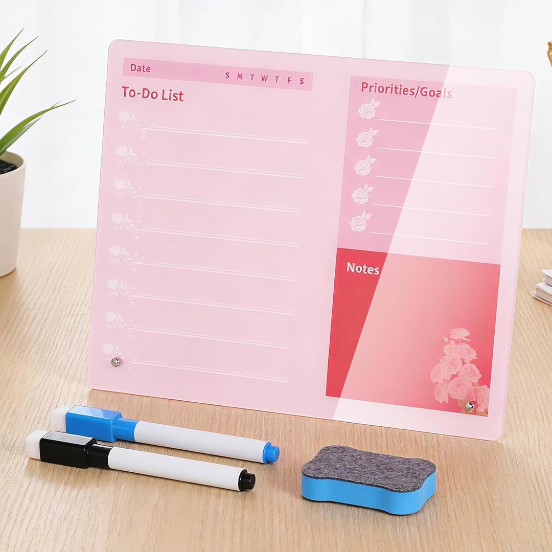 LeMotech Desktop Acrylic Dry Erase Board, 12x10 inches to-Do List Planner, Tabletop Whiteboard with Stand Office Supplies Includes 2 Markers & 1 Eraser, Pink Rose Pattern, 1 Pack