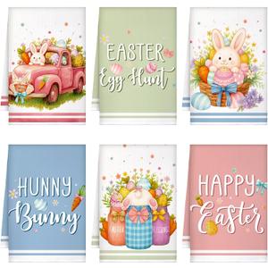 Preboun 6 Pcs Easter Kitchen Towels Cute Bunny Eggs Dish Hand Towels Macaron Happy Easter Themed Dish Cloth House Decorative Farmhouse Tea Cloth Absorbent for Home Kitchen Bathroom Decor (Colorful)