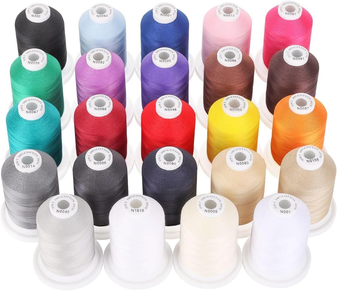 New brothread - 18 Options - Multi-Purpose 100% Mercerized Cotton Threads 50S/3 600M(660Y) Each Spool for Quilting, Serger, Sewing and Embroidery - 24 Basic Colors