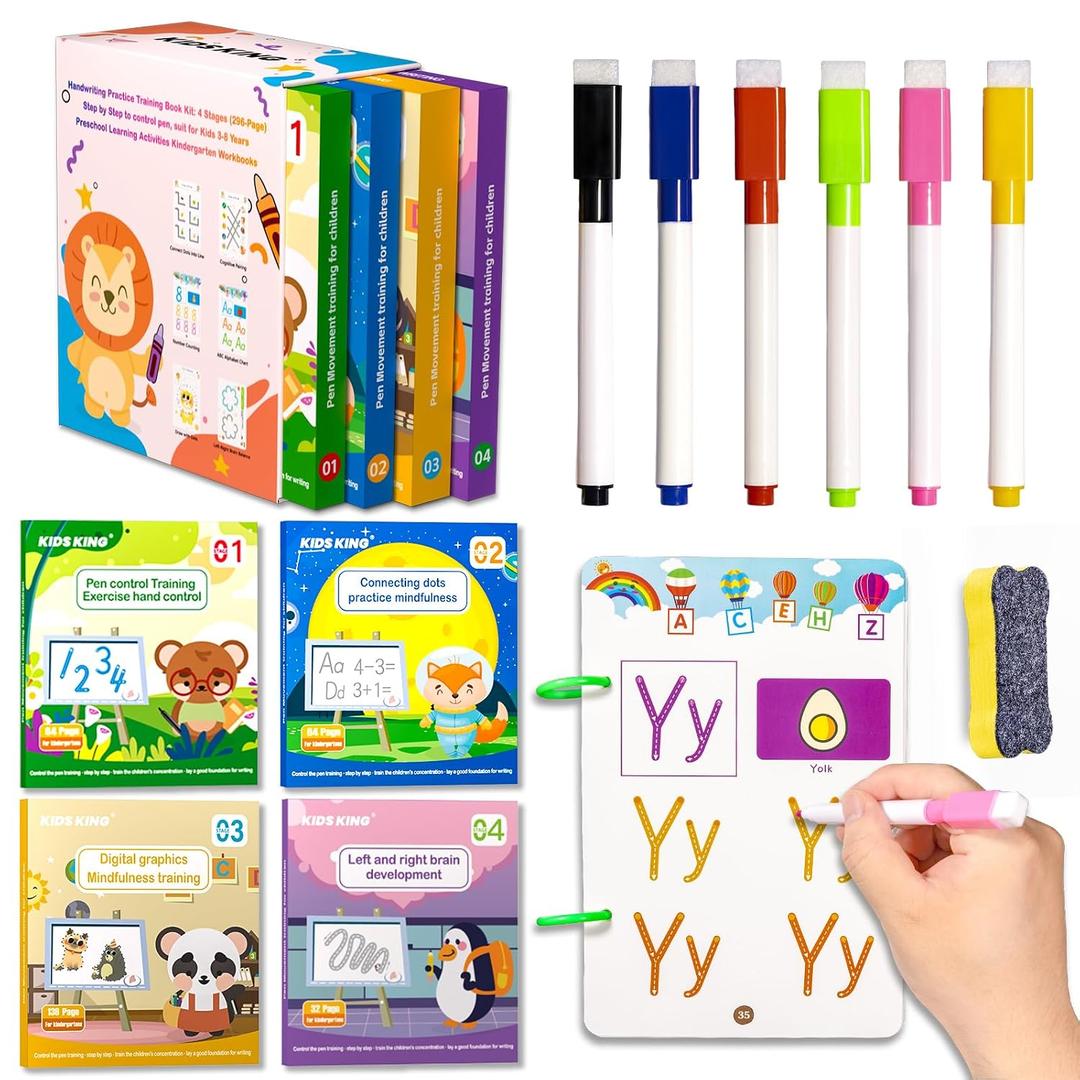 Handwriting Tracing Book - Pen Control Practice Training Books Kit, 296 Reusable Pages with Dry Erase, Alphabet | Count | Draw with Dots, Preschool Learning Activities 4-Stage Workbooks