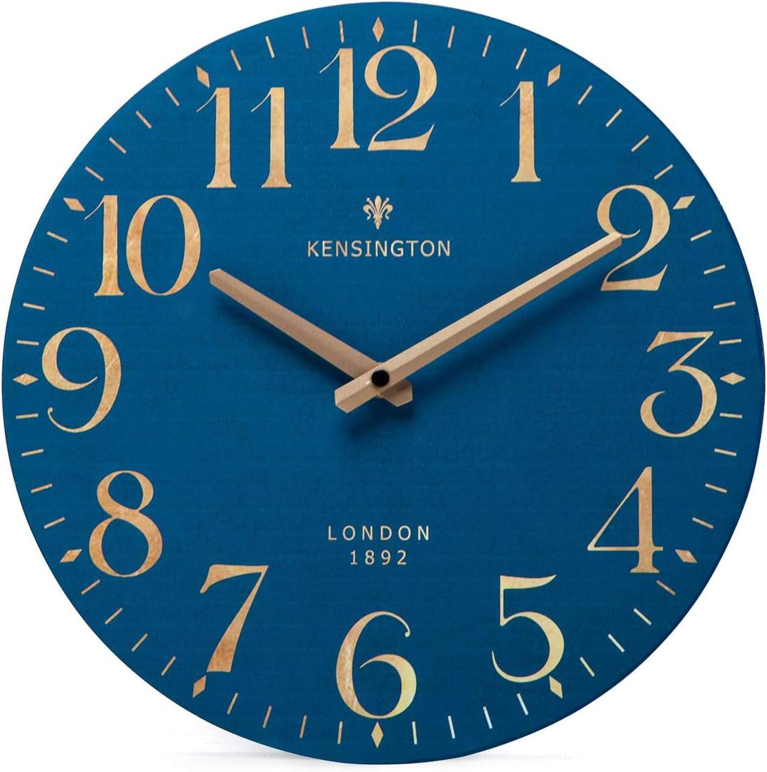 NIKKY HOME Navy Blue Wooden Wall Clock 12 Inch  Battery Operated Silent Non Ticking Clock Decor for Kitchen, Living Room, Bathroom, Office