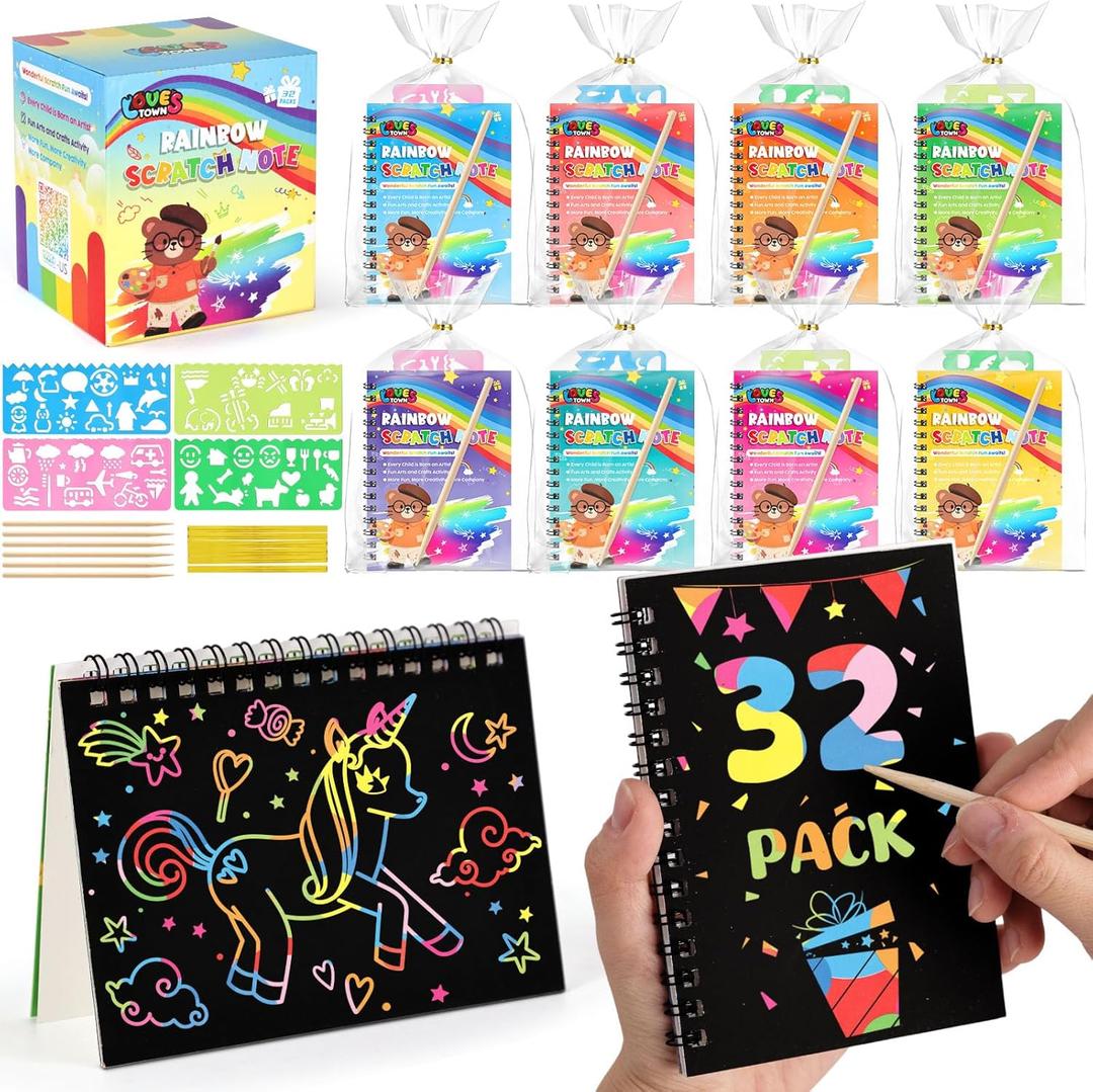 LovesTown 32 Pack Rainbow Scratch Art Notebook Party Favors Bulk for Kids, Rainbow Notebooks with Stencils & Easter Egg Fillers, Classroom Prizes Bulk for Girls Boys, Easter Basket Stuffers
