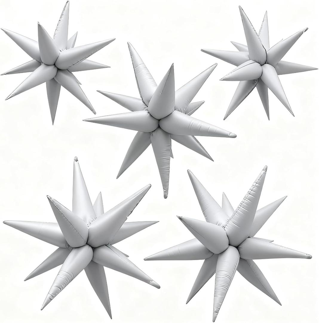 White Star Balloons Foil Explosion Mylar Baloons - 60Pcs Large Spike Balloon White Party Decorations for Birthday Wedding Engagement Anniversary Bachelorette Graduation Halloween Christams