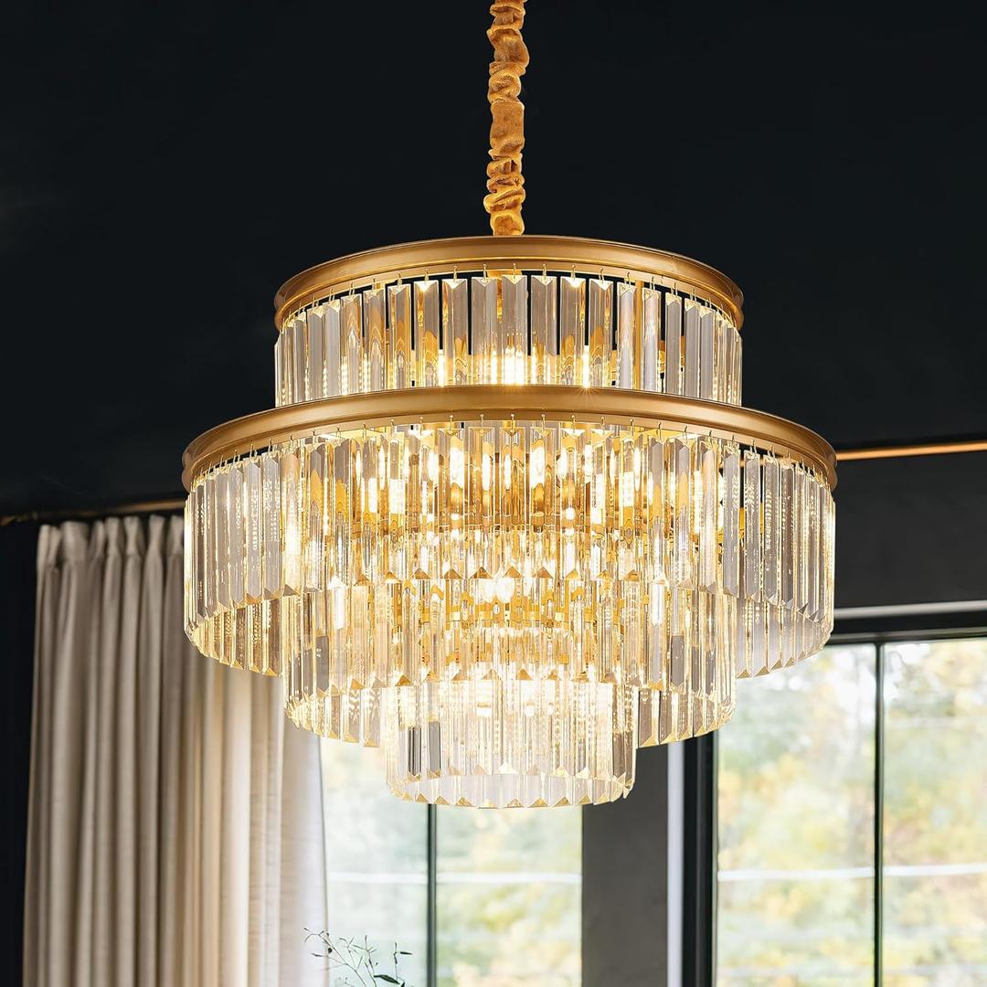 21.6" 14-Light Modern Crystal Chandelier Light Fixtures 4-Tier Gold Luxury Chandeliers for Dining Room Round Hanging Pendant Lighting for Living Room Kitchen Entryway Bedroom Foyer Hallway