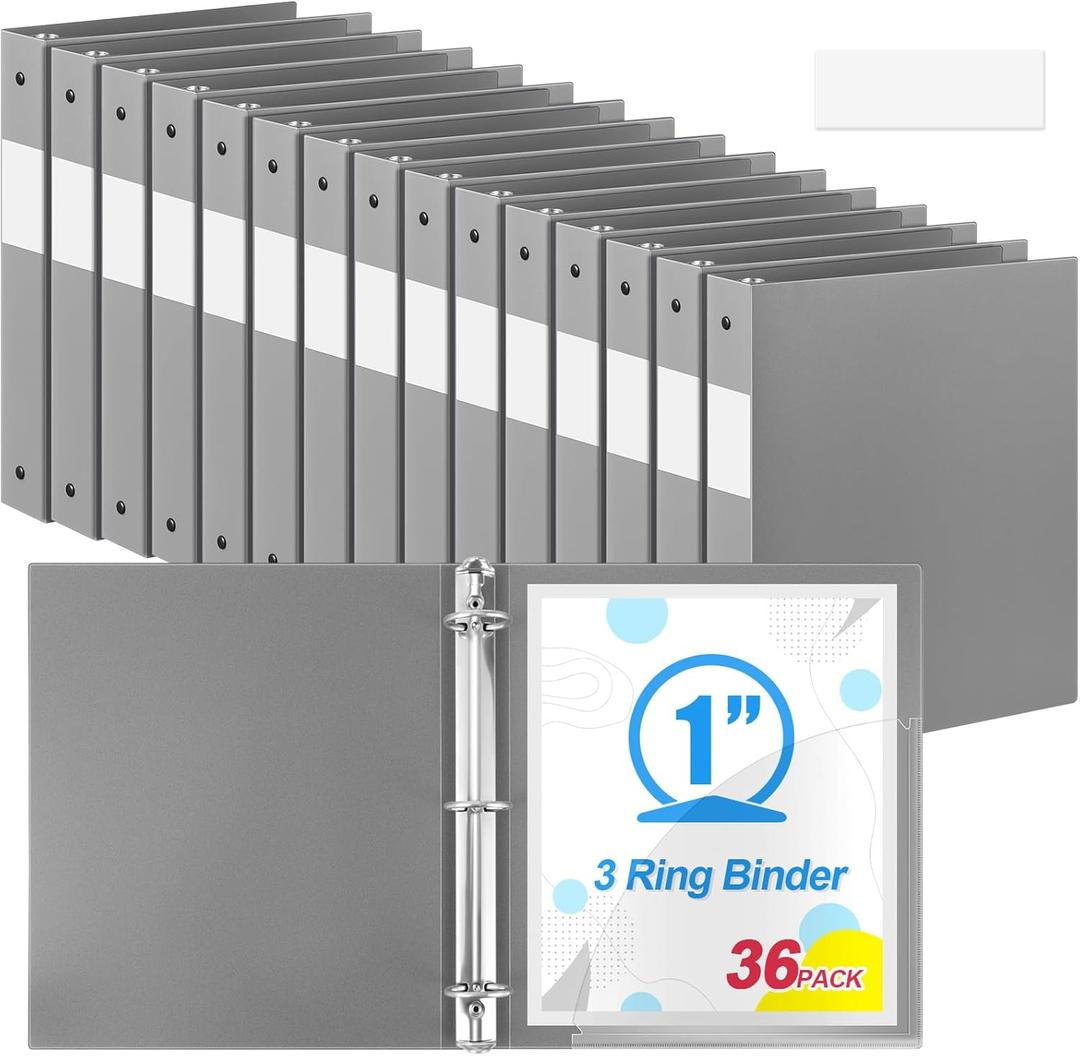 Skyygemm 36 Pcs 1 Inch 3 Ring Plastic Binder Flexible Binders Bulk Fits Letter Size 8.5'' x 11'' Paper Holds up to 240 Sheets with 1 Pockets Versatile Binder for School Office Home (Gray)