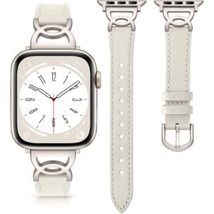 DaQin Slim Leather Band Compatible with Apple Watch Bands for Women 44mm/45mm/46mm/49mm/42mm, Top Grain Leather Band with DC-shaped Buckle for iWatch Band Series 3