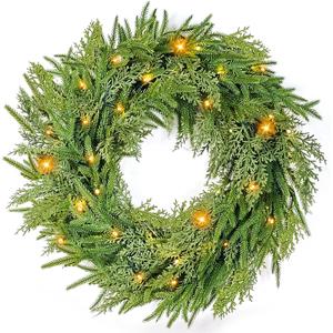 24" Prelit Christmas Wreath for Front Door, Real Touch Norfolk Pine Wreath Thick & Soft Christmas Wreaths with Light, Timer, Norfolk Pine Cypress Leaf Christmas Door Wreath for Home Wall Outdoor Decor